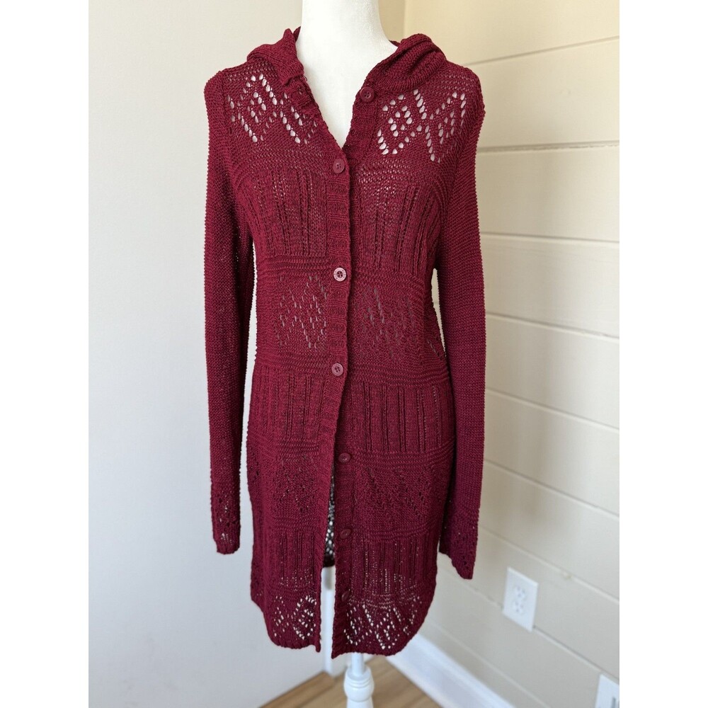 BCBGMaxazria Women's Red Knit Crochet Button Long Cardigan Hoodie XL Boho Y2K